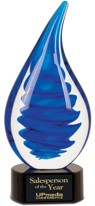 Glass twisting raindrop with blue colors inside, Mounted on black glass base, AGS27, 10.25" tall