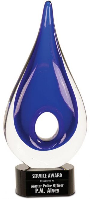 Glass raindrop with blue color & hole in the middle, Mounted on a black glass base, AGS29 Blue Hole Rain Drop