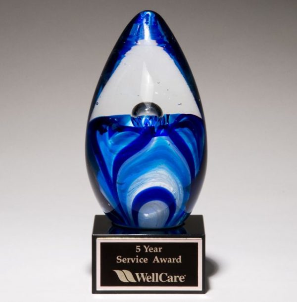 Glass Egg with blue colors swirled at the bottom, Mounted on black glass base, 1633, 6.5" Tall
