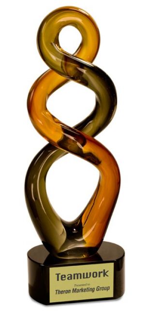 Twisting piece of contemporary brown art glass, Mounted on black glass base, AGS21, 13" tall