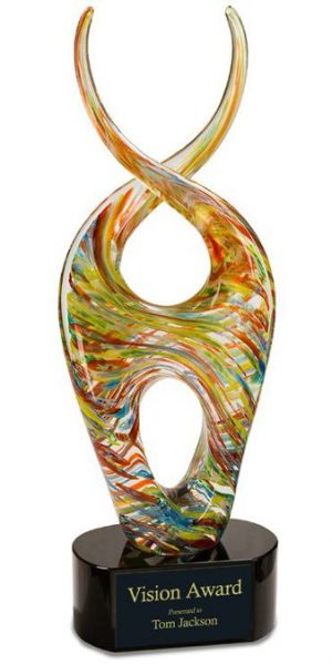 Twisting piece of twisting glass with many colors throughout, Mounted on black glass base, AGS22 14.5" tall, Weighs 7 lbs