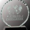 Round glass award made with 3/8" thick glass, mounted on black glass base, FC21 is 6", FC22 is 7" FC23 is 8"