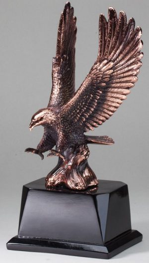 Bronze eagle coming in for landing, mounted on black base, AE275 is 10.5" tall, Weighs 2.4 lbs.