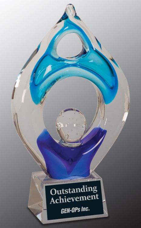Glass art award with unique shape & hues of blue colors, mounted on clear glass base, AGS02 is 10.25" tall, Weighs 6 lbs.