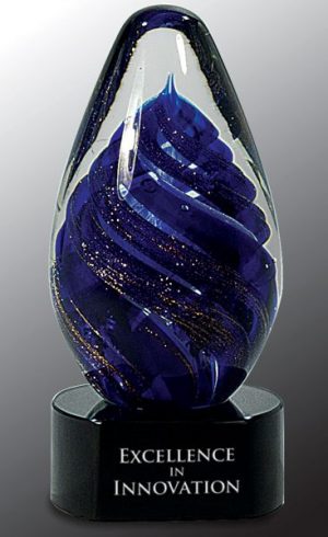 Egg shaped piece of glass with dark blue swirl throughout, Mounted on black glass base, AGS17, 6.75" tall