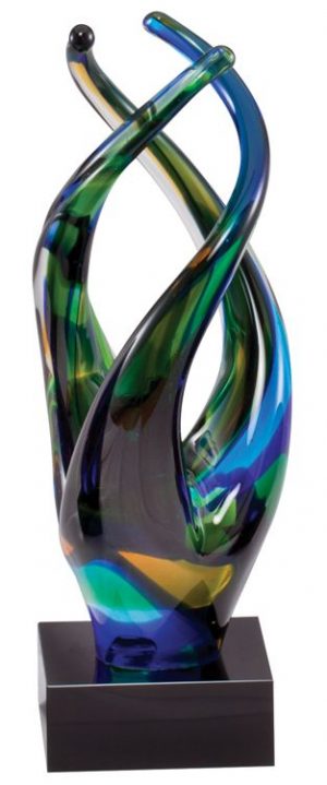 Twisting piece of glass with blue, green & yellow colors throughout, Mounted on black glass base, glsc43, 9.5" tall,