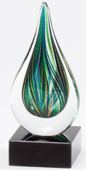 Green teardrop art glass mounted on a black glass base, glsc44, 7" tall, weighs 2.3 lbs