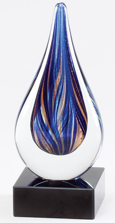 Glass teardrop with blue & gold colors throughout, Mounted on black glass base, GLSC45, 7" tall