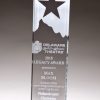 Rectangle glass award with star & mountain at top, mounted on blue mirror base, G2883 is 3" x 9.25", Weighs 2 lbs