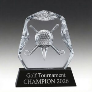 Golf Collage Crystal Iceberg Award (CRY373) featuring a clear crystal iceberg shape with a 3D engraved golf ball, tee, and crossed golf clubs, mounted on a black base. Perfect for golf tournament champion awards.
