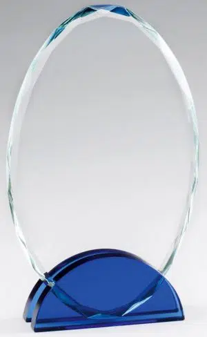 Our Blue Arc Crystal Oval features a clear crystal oval for laser engraving personalization with beveled edges. It's mounted in a blue crystal arc at the bottom for decoration and stability. This crystal oval trophy comes in 3 sizes to choose from, all of which come in a deluxe gift box & include free engraving.