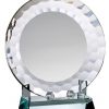 Decorative glass plate award, stands in a glass base, cry523, 6" diameter, weighs 2.4 lbs