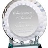 Decorative glass plate award, stands in a glass base, cry524, 7" diameter, weighs 3.4 lbs