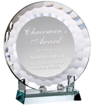 Decorative glass plate award, stands in a glass base, cry524, 7" diameter, weighs 3.4 lbs