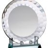 Decorative glass plate award, stands in a glass base, cry525, 8" diameter, weighs 4.2 lbs
