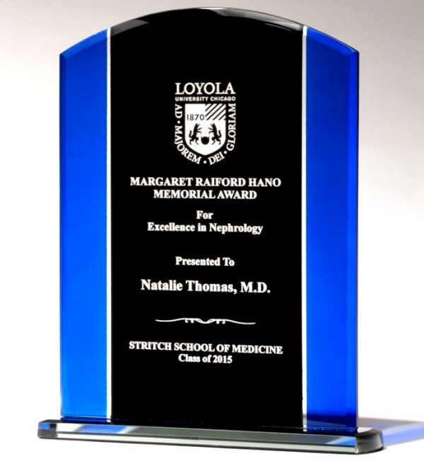 Black & Blue Glass Award G2658 & G2659, Arched Glass piece with black engraving area & blue sides