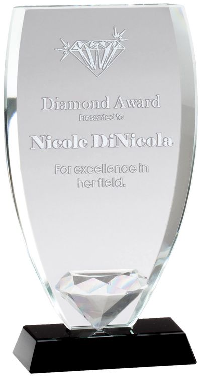 GL181 Diamond Shield Glass Award, Shield shaped glass for engraving with solid glass diamond, mounted on black glass base