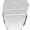 Glass award with slanted top, mounted on black glass base, GL184 is 5.25" x 8.75" Size, Weighs 2.5 lbs.