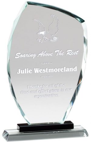 Glass award with slanted top, mounted on black glass base, GL184 is 5.25" x 8.75" Size, Weighs 2.5 lbs.