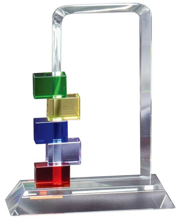 Clear glass piece for engraving personalization with colored blocks on the side. It's mounted on a clear glass base.