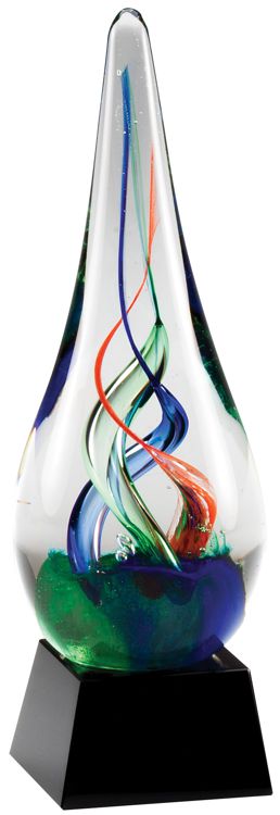 Glass raindrop with red, blue & green colors swirled inside, GLSC12 is 8.25" tall, weighs 3 lbs.