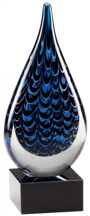 Glass raindrop with black & blue colors throughout, Mounted on black glass base, GLSC13, 9" tall