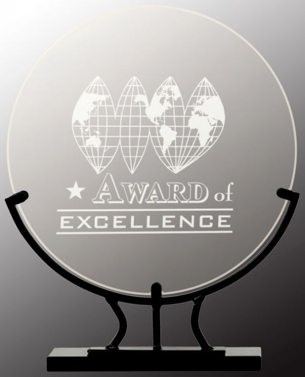 Round glass award for engraving, mounted in a black iron base for display, VG13 is 7.5" x 9.5" Size, Weighs 3.3 lbs.