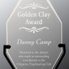 VG22 Diamond Glass Trophy, diamond shaped glass piece for engraving, mounted in black iron base.