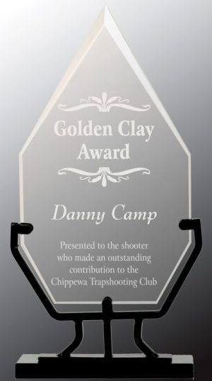 VG22 Diamond Glass Trophy, diamond shaped glass piece for engraving, mounted in black iron base.