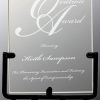 Vertical rectangle glass piece for engraving, mounted in black iron base, VG41 is 7.5" tall, Weighs 2 lbs.