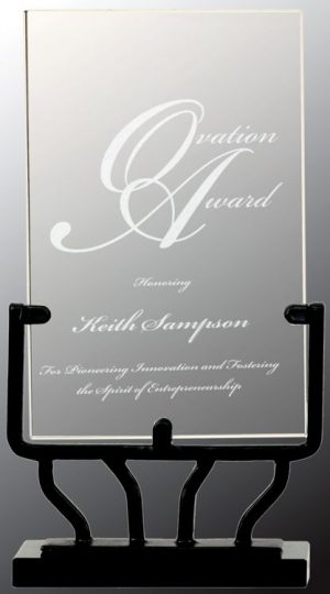 Vertical rectangle glass piece for engraving, mounted in black iron base, VG41 is 7.5" tall, Weighs 2 lbs.