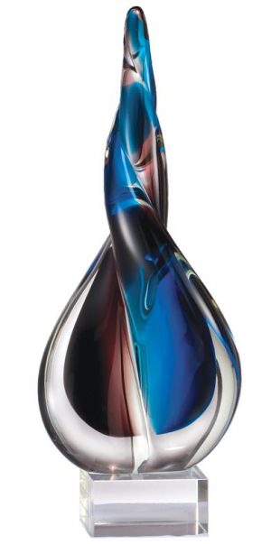 Twisting piece of art glass with blue & brown colors, Mounted on clear glass base, GLSC29, GLSC30