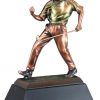 A resin trophy featuring a golfer in celebration like Tiger Woods after sinking a long putt. It's mounted on a black base that includes an engraving plate for personalization.