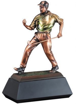 A resin trophy featuring a golfer in celebration like Tiger Woods after sinking a long putt. It's mounted on a black base that includes an engraving plate for personalization.