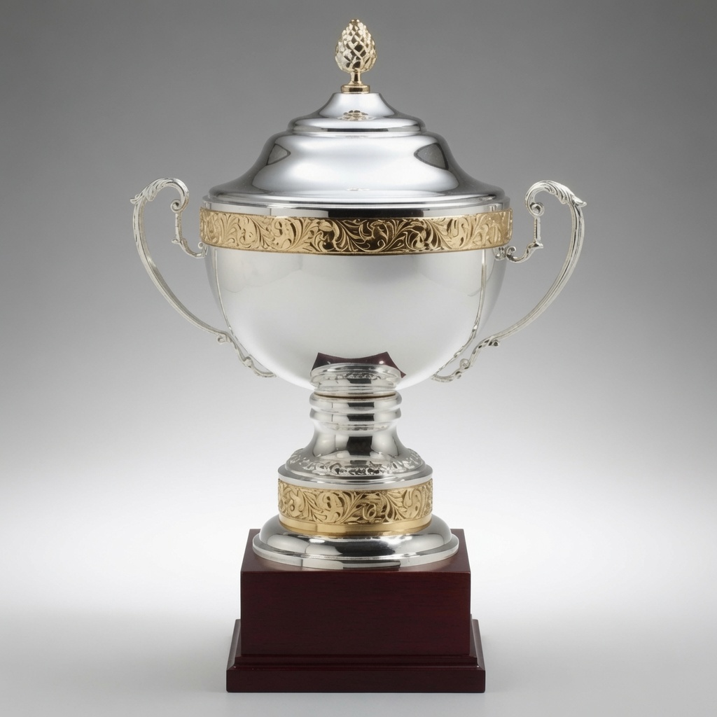 Large silver-plated loving cup trophy with ornate gold accents on the lid, body, and base. Features two elegant handles, a decorative finial, and mounted on a dark wood base. Standing approximately 21.5″ tall and 9″ wide, this classic award is perfect for major achievements and recognition.