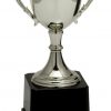 Small silver trophy cup with decorated handles, cup rim & base of the cup. It's mounted on a black base.