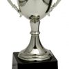 Silver Trophy Cup with decorated handles, cup lip & bottom. It's mounted on a black base.