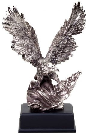 Silver Eagle Statue with American Flag, mounted on black base, RFB081 is 10" x 14" Size, Weighs 6.5 lbs.
