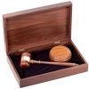 Walnut gavel with gold gavel band & round sounding block inside of walnut wood case, 11G is 12.5" x 8", gavel is 10" long