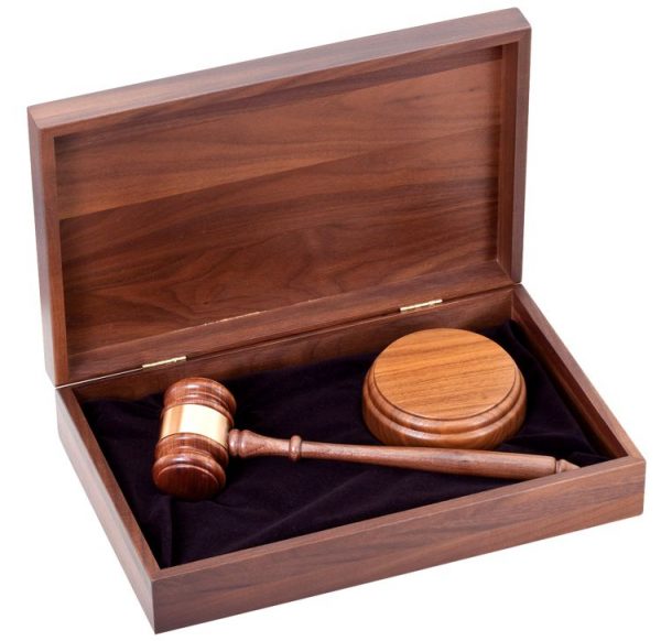 Walnut gavel with gold gavel band & round sounding block inside of walnut wood case, 11G is 12.5" x 8", gavel is 10" long