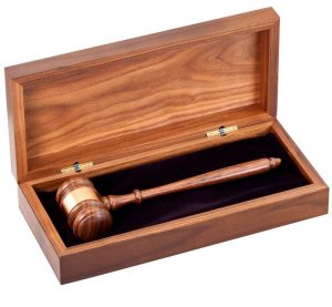 Walnut gavel with gold band on black velour inside of walnut display case, 13G is 12" x 5.75", Gavel is 10" long