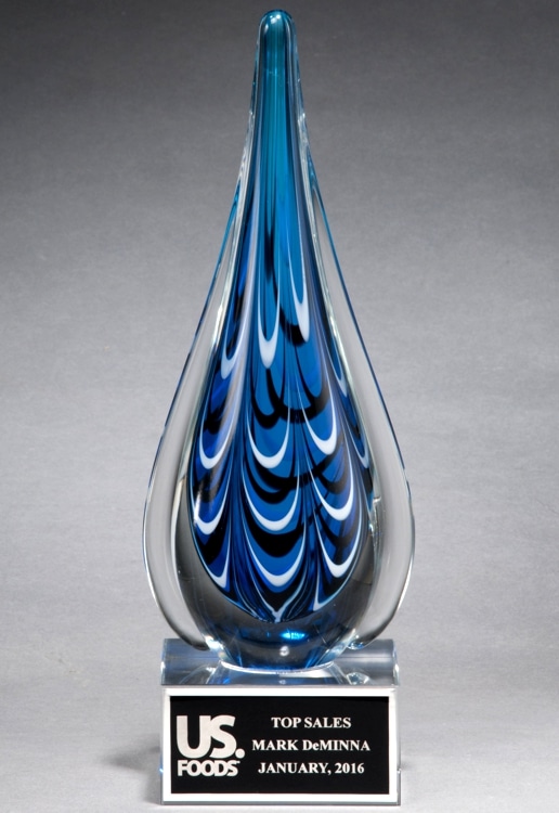 Blue & Black Glass Teardrop 2220, Teardrop shaped piece of glass with black & blue colors throughout.