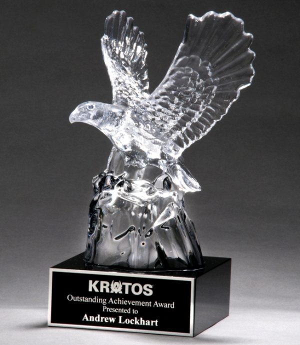 Crystal eagle mounted on black crystal base with engraving plate, K9117 is 9.5" tall, Weighs 8 lbs.