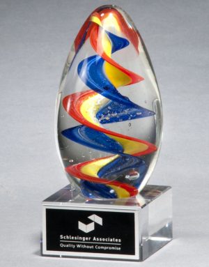 Glass Egg with many colors throughout, Mounted on a clear glass base, 2235, 6" tall