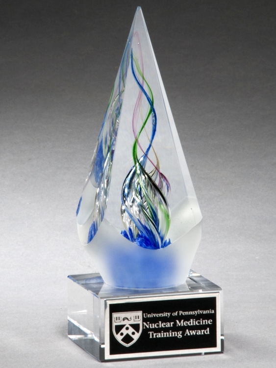 2264 Arrow Glass Art Award, Arrow shaped glass with red, blue & green inside on a clear glass base with black engraving plate