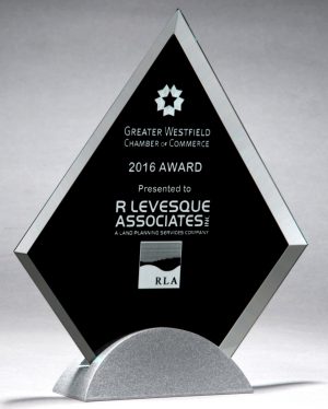 Black Diamond Glass Award G2777 G2778 G2779, Black diamond shaped piece of glass mounted on a silver metal base