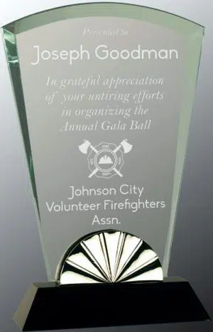 Fan shaped piece of glass for engraving with silver horizon decoration, mounted on black glass base, hgl22, 9" tall