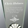 Fan shaped piece of glass for engraving with silver horizon decoration, mounted on black glass base, hgl23, 9.75" tall