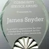 Oval horizon glass award with metal horizon design, mounted on black glass base, hgl32 is 9" tall, weighs 4.4 lbs
