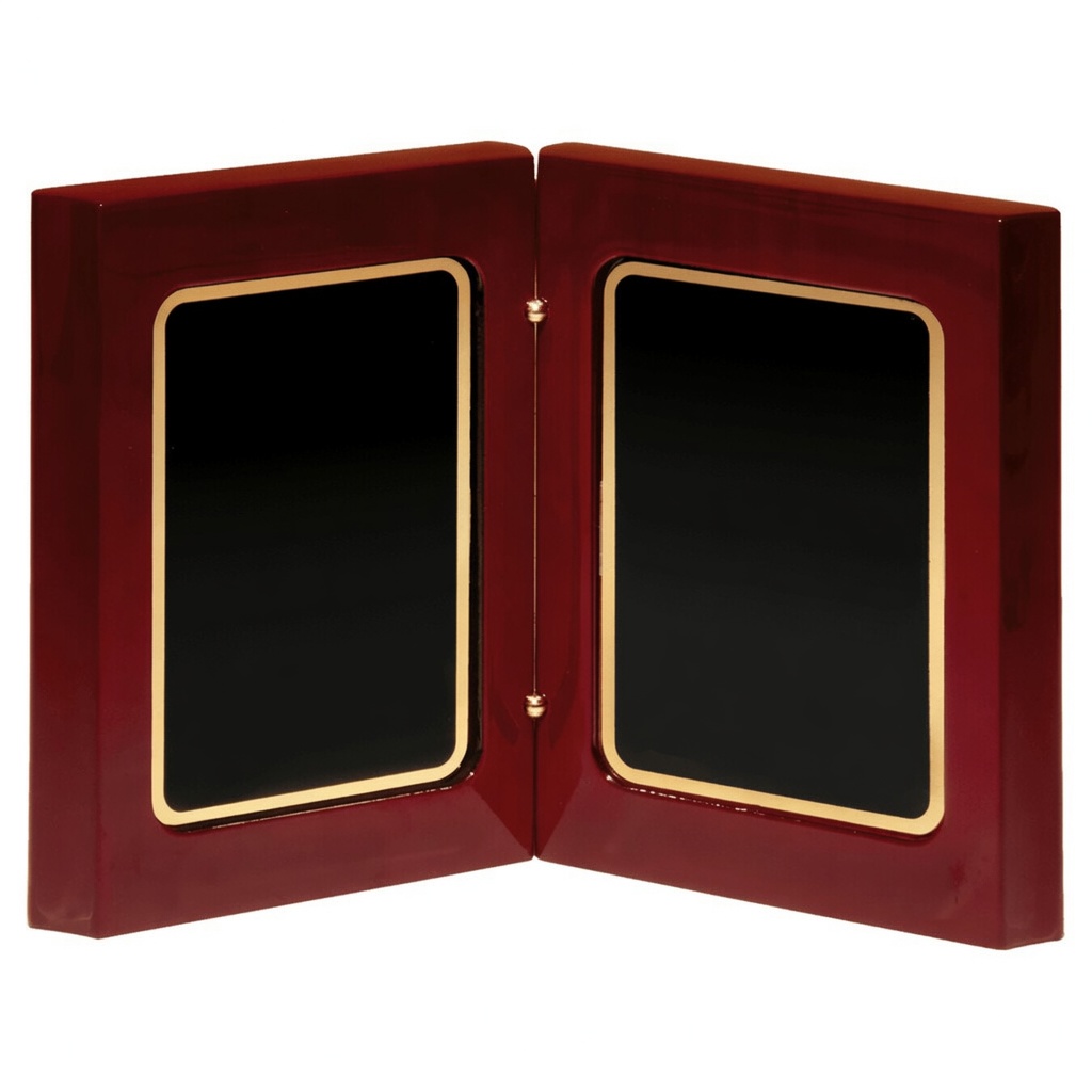 A premium hinged double-panel award in glossy rosewood finish with black engraving panels trimmed in gold. Open book design for elegant display and personalization.